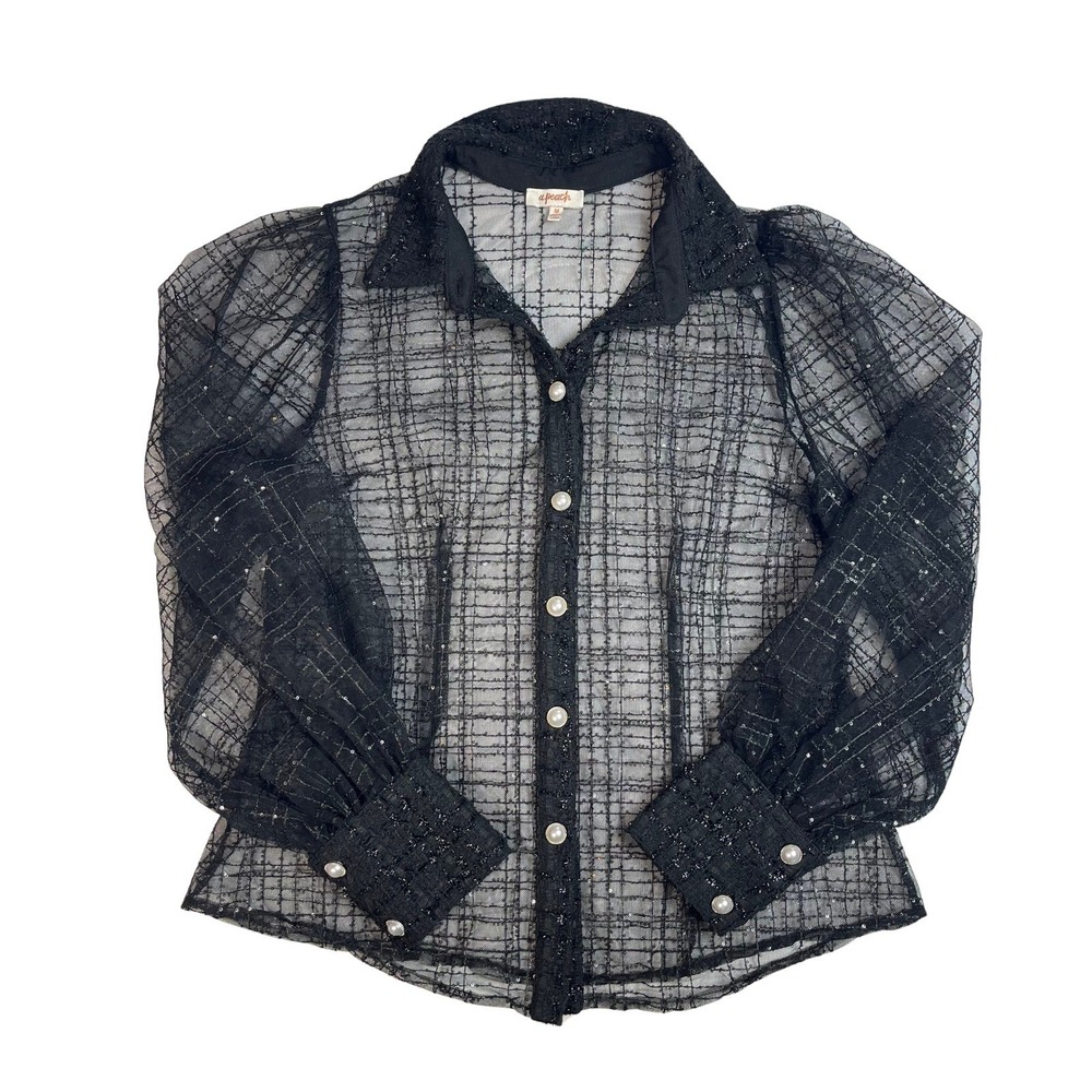 Black Plaid Sheer Sparkle Button Up Blouse Top Medium Whimsigoth Edgy Fairy - Picture 2 of 13